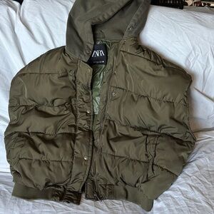 Zara Khaki Hooded Puffer Coat
